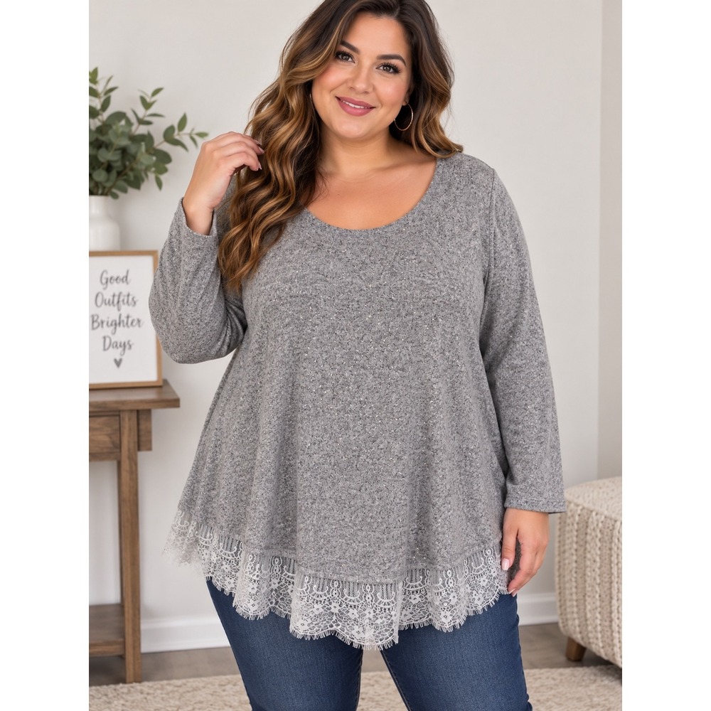 LC Lauren Conrad | Lace Hem Shimmer Top Plus Size XXL || Grey|